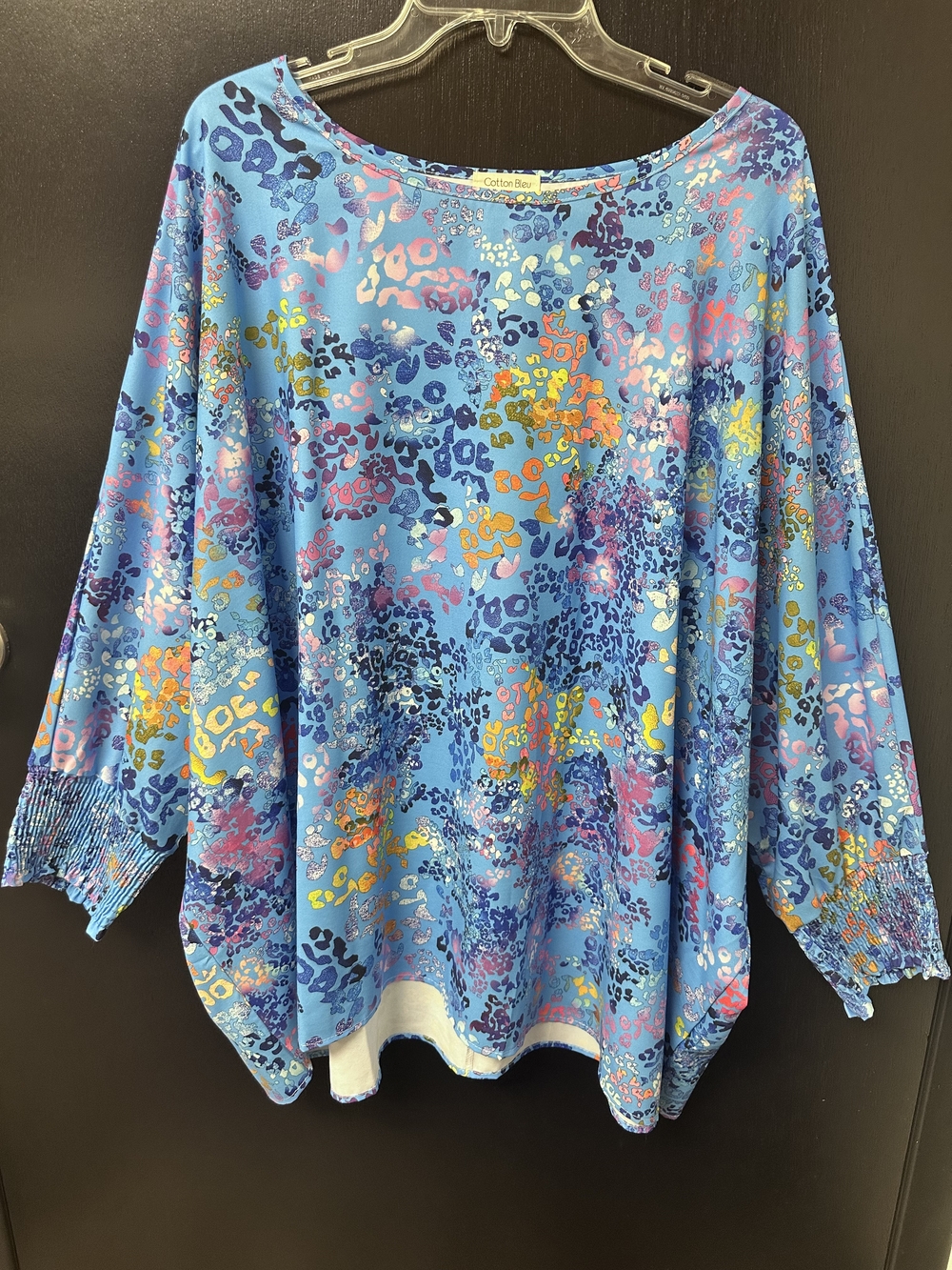 Cotton Bleu Blue Multicolor Animal-Print Smocked-Sleeve Blouse